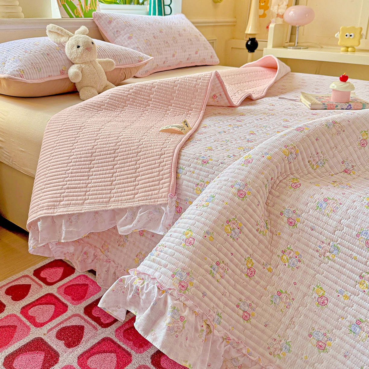 91家纺网 家纺一手货源 找家纺 恒尚居 2025新款云感皱皱纱床盖花边床单双层纱床盖三件套-四季款【系列二】 花边款-美好时光