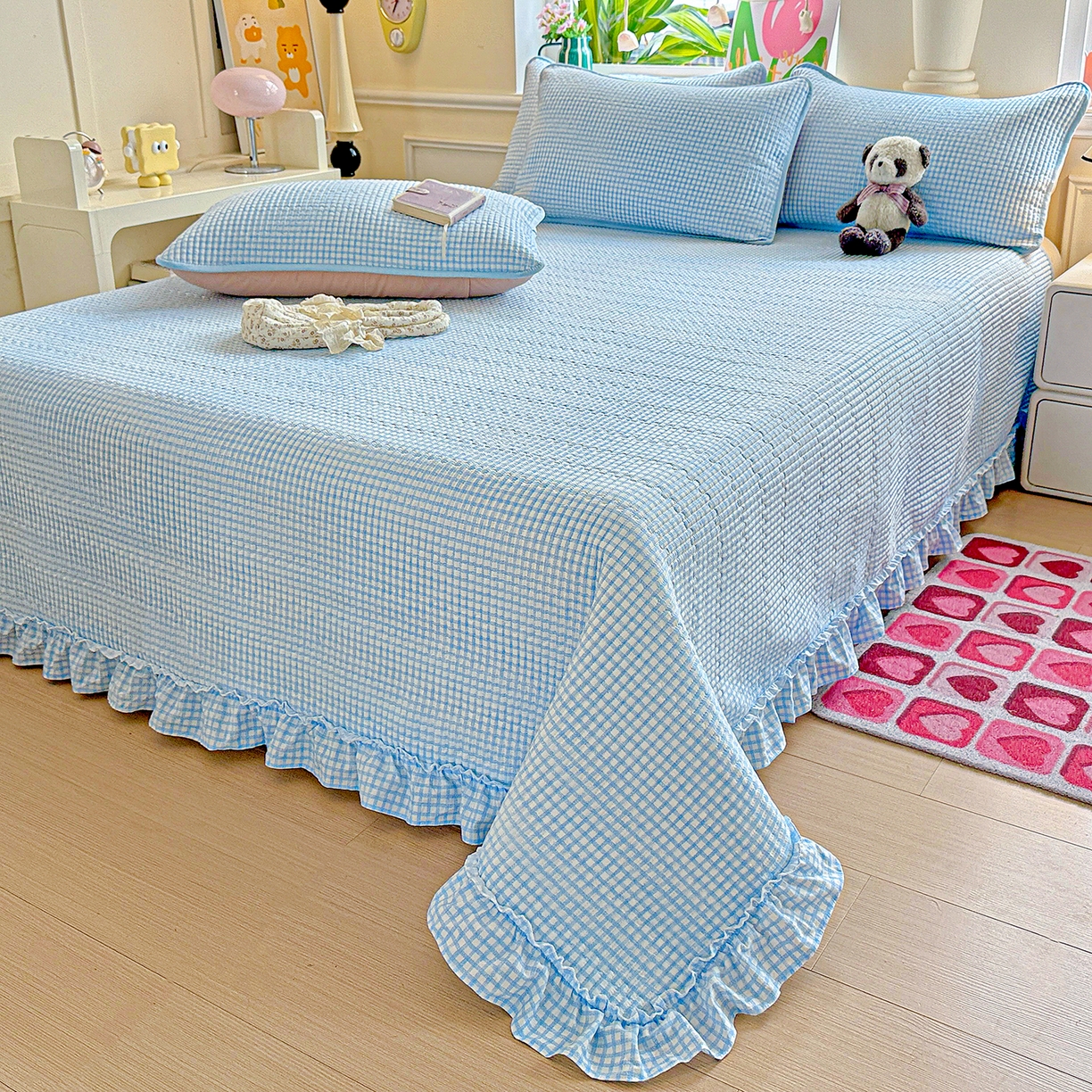 91家纺网 家纺一手货源 找家纺 恒尚居 2025新款云感皱皱纱床盖花边床单双层纱床盖三件套-四季款【系列二】 花边款-天蓝格