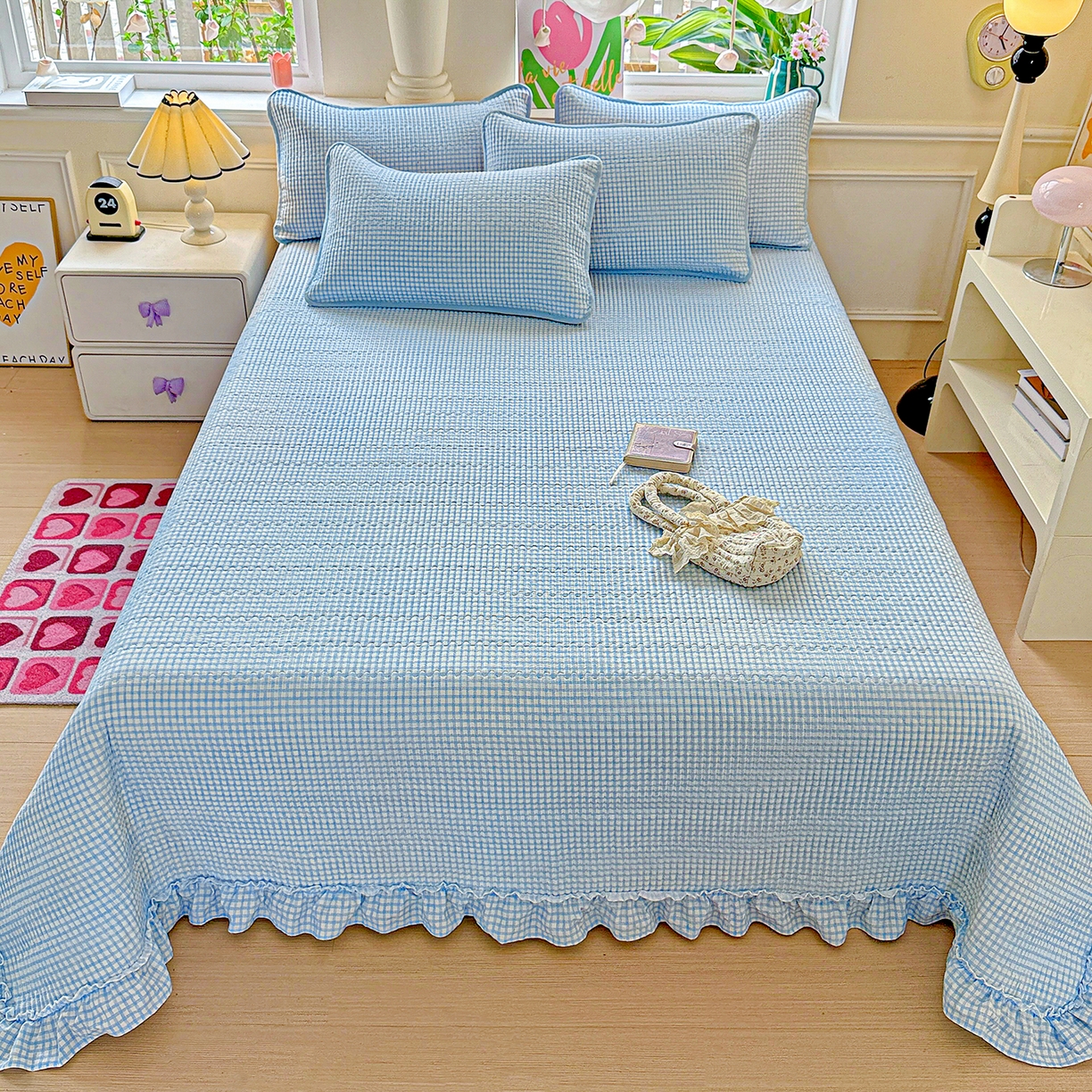 91家纺网 家纺一手货源 找家纺 恒尚居 2025新款云感皱皱纱床盖花边床单双层纱床盖三件套-四季款【系列二】 花边款-天蓝格