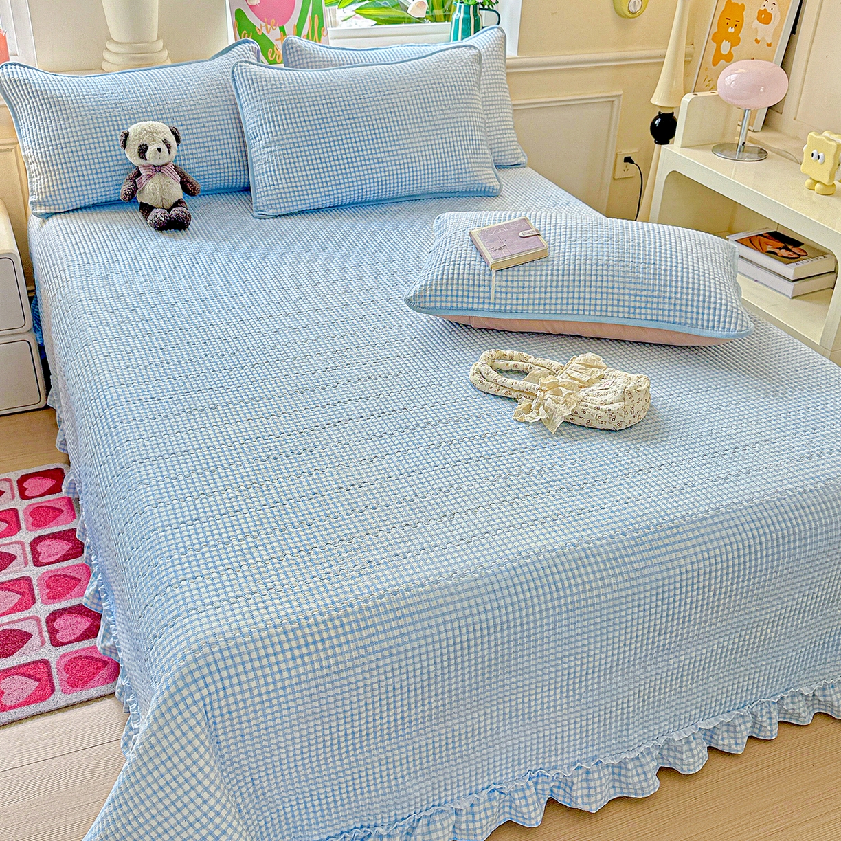 91家纺网 家纺一手货源 找家纺 恒尚居 2025新款云感皱皱纱床盖花边床单双层纱床盖三件套-四季款【系列二】 花边款-天蓝格