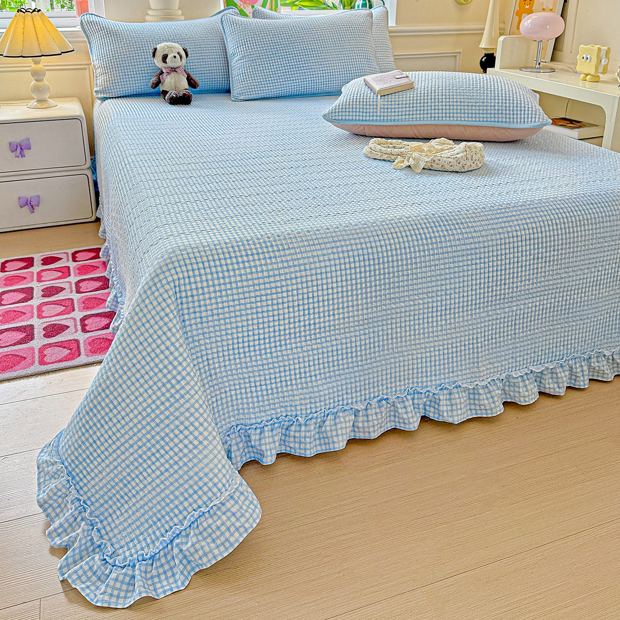 91家纺网 家纺一手货源 找家纺 恒尚居 2025新款云感皱皱纱床盖花边床单双层纱床盖三件套-四季款【系列二】 花边款-天蓝格