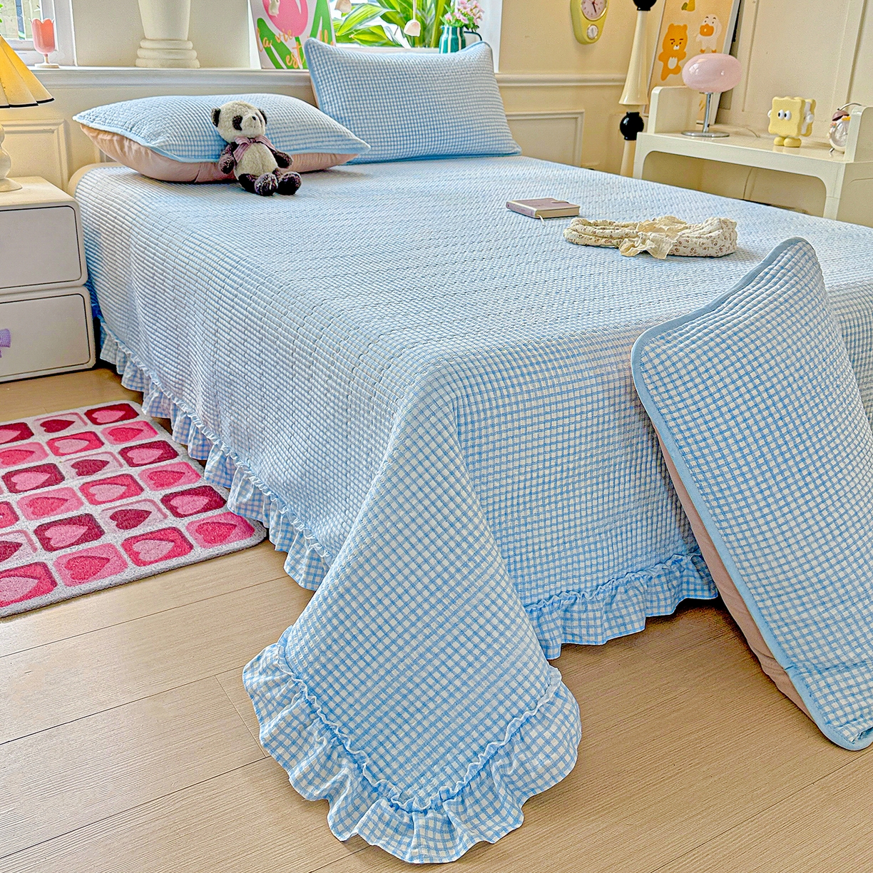 91家纺网 家纺一手货源 找家纺 恒尚居 2025新款云感皱皱纱床盖花边床单双层纱床盖三件套-四季款【系列二】 花边款-天蓝格