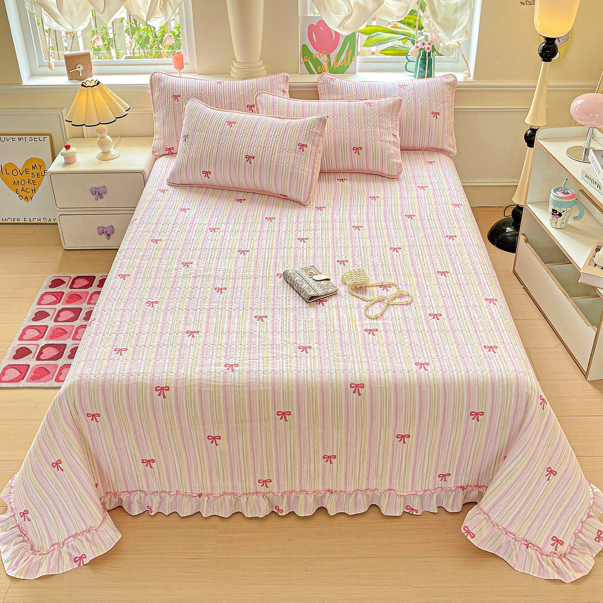 91家纺网 家纺一手货源 找家纺 恒尚居 2025新款云感皱皱纱床盖花边床单双层纱床盖三件套-四季款【系列二】 花边款-完美日记