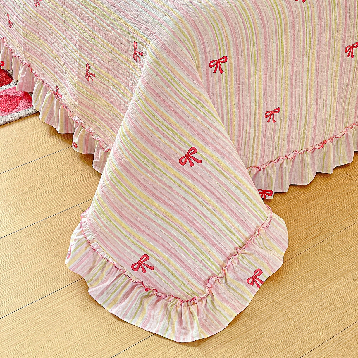 91家纺网 家纺一手货源 找家纺 恒尚居 2025新款云感皱皱纱床盖花边床单双层纱床盖三件套-四季款【系列二】 花边款-完美日记