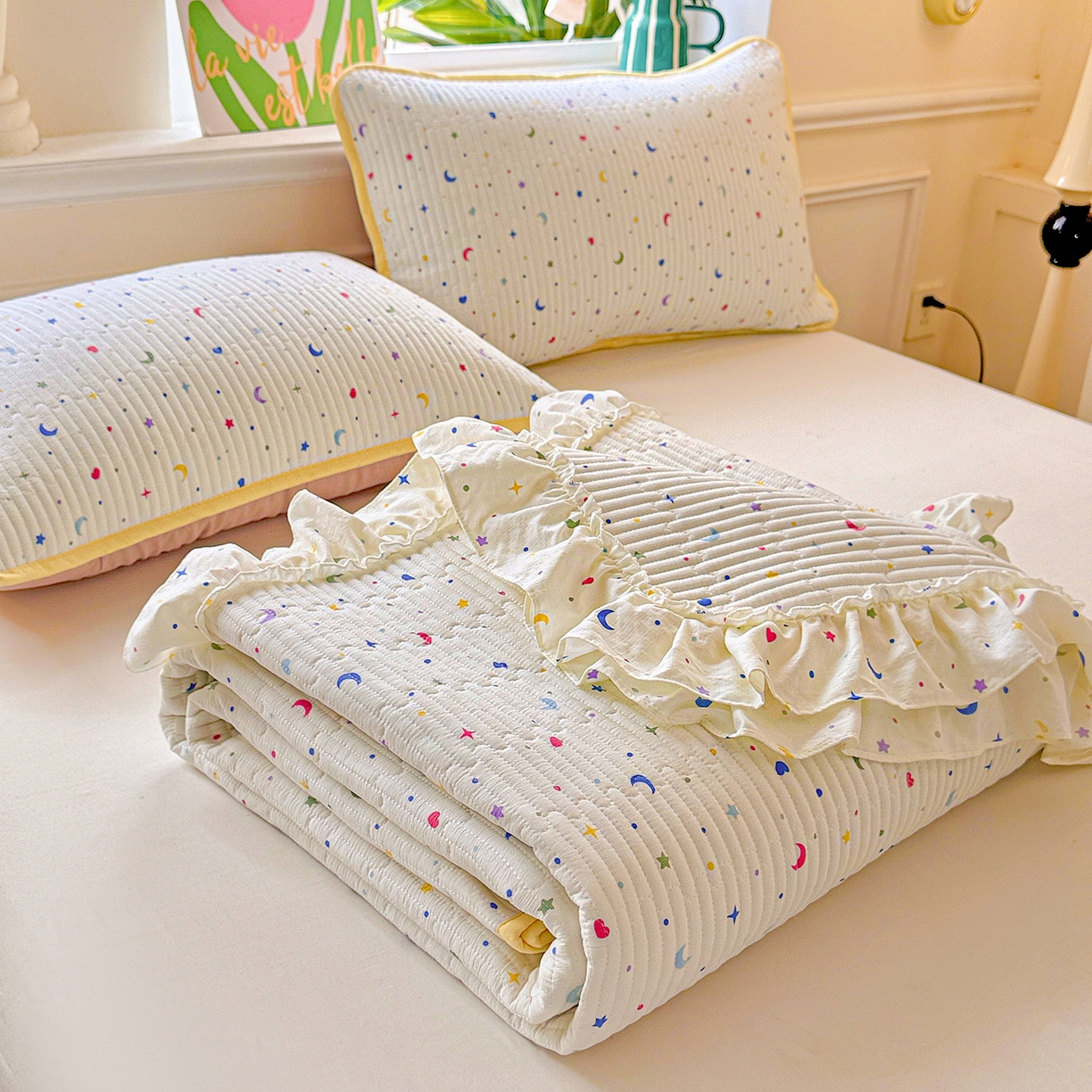 91家纺网 家纺一手货源 找家纺 恒尚居 2025新款云感皱皱纱床盖花边床单双层纱床盖三件套-四季款【系列二】 花边款-星月