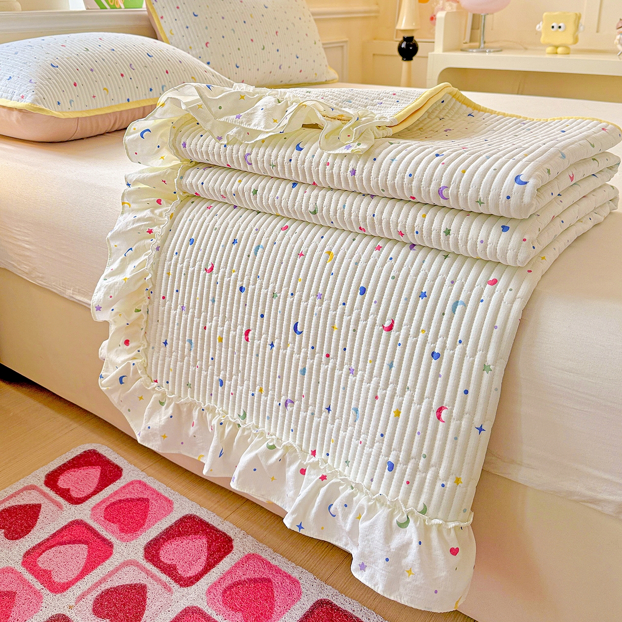 91家纺网 家纺一手货源 找家纺 恒尚居 2025新款云感皱皱纱床盖花边床单双层纱床盖三件套-四季款【系列二】 花边款-星月