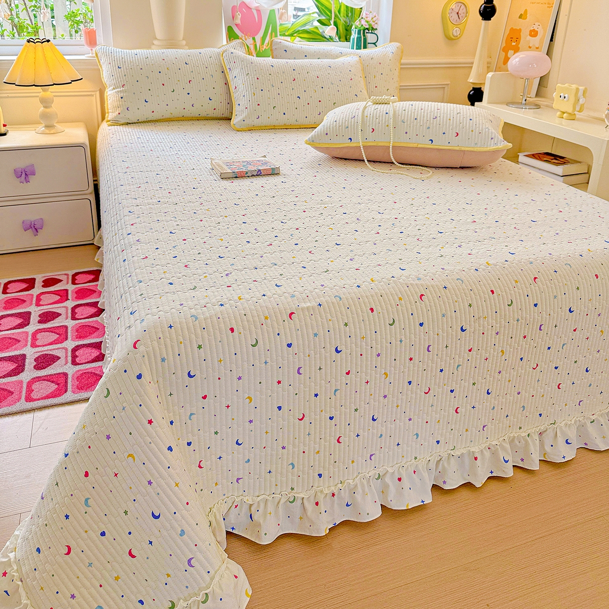 91家纺网 家纺一手货源 找家纺 恒尚居 2025新款云感皱皱纱床盖花边床单双层纱床盖三件套-四季款【系列二】 花边款-星月