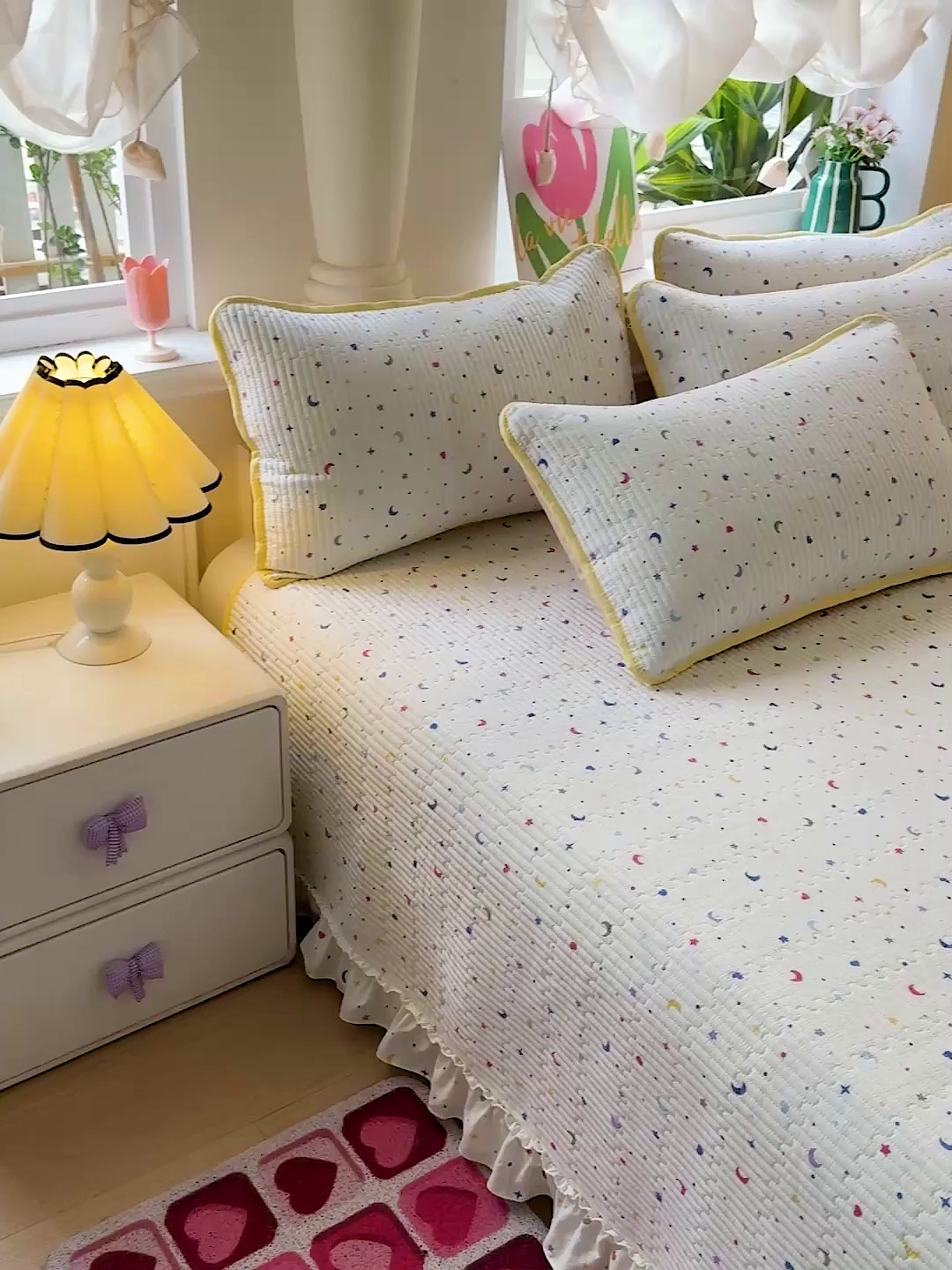 91家纺网 家纺一手货源 找家纺 恒尚居 2025新款云感皱皱纱床盖花边床单双层纱床盖三件套-四季款【系列二】 花边款-星月