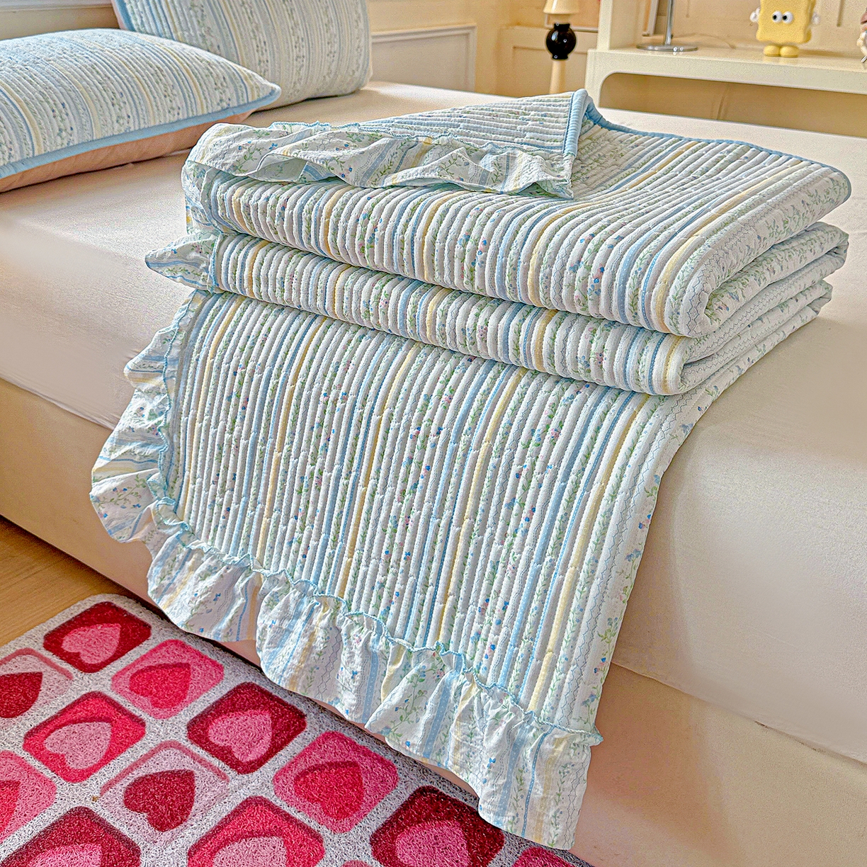 91家纺网 家纺一手货源 找家纺 恒尚居 2025新款云感皱皱纱床盖花边床单双层纱床盖三件套-四季款【系列二】 花边款-阳光庄园