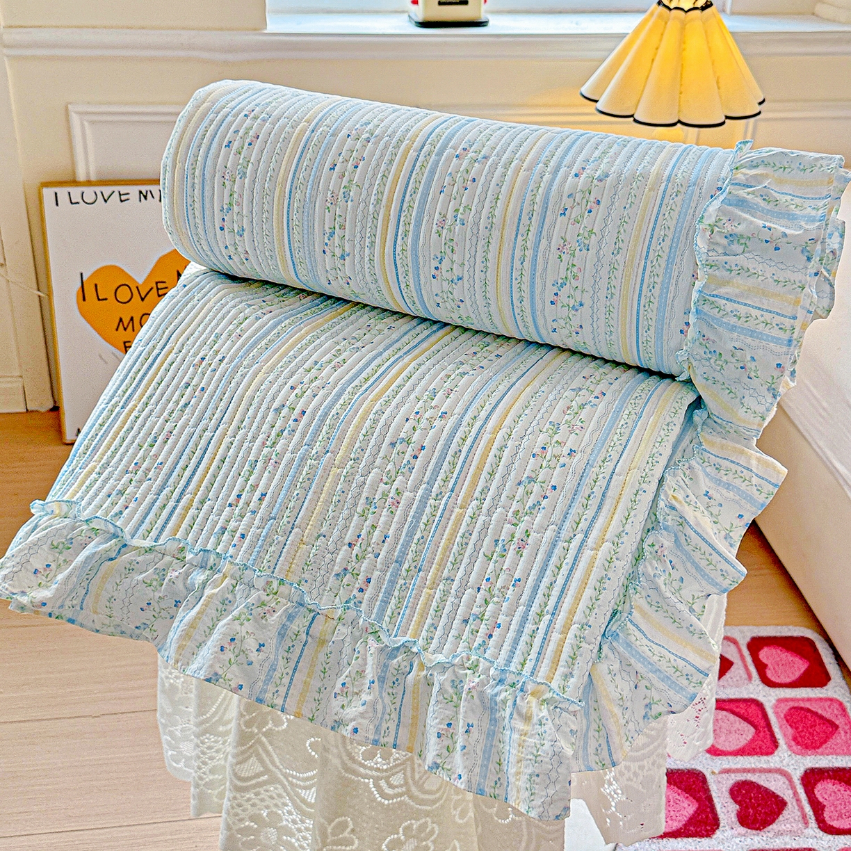 91家纺网 家纺一手货源 找家纺 恒尚居 2025新款云感皱皱纱床盖花边床单双层纱床盖三件套-四季款【系列二】 花边款-阳光庄园