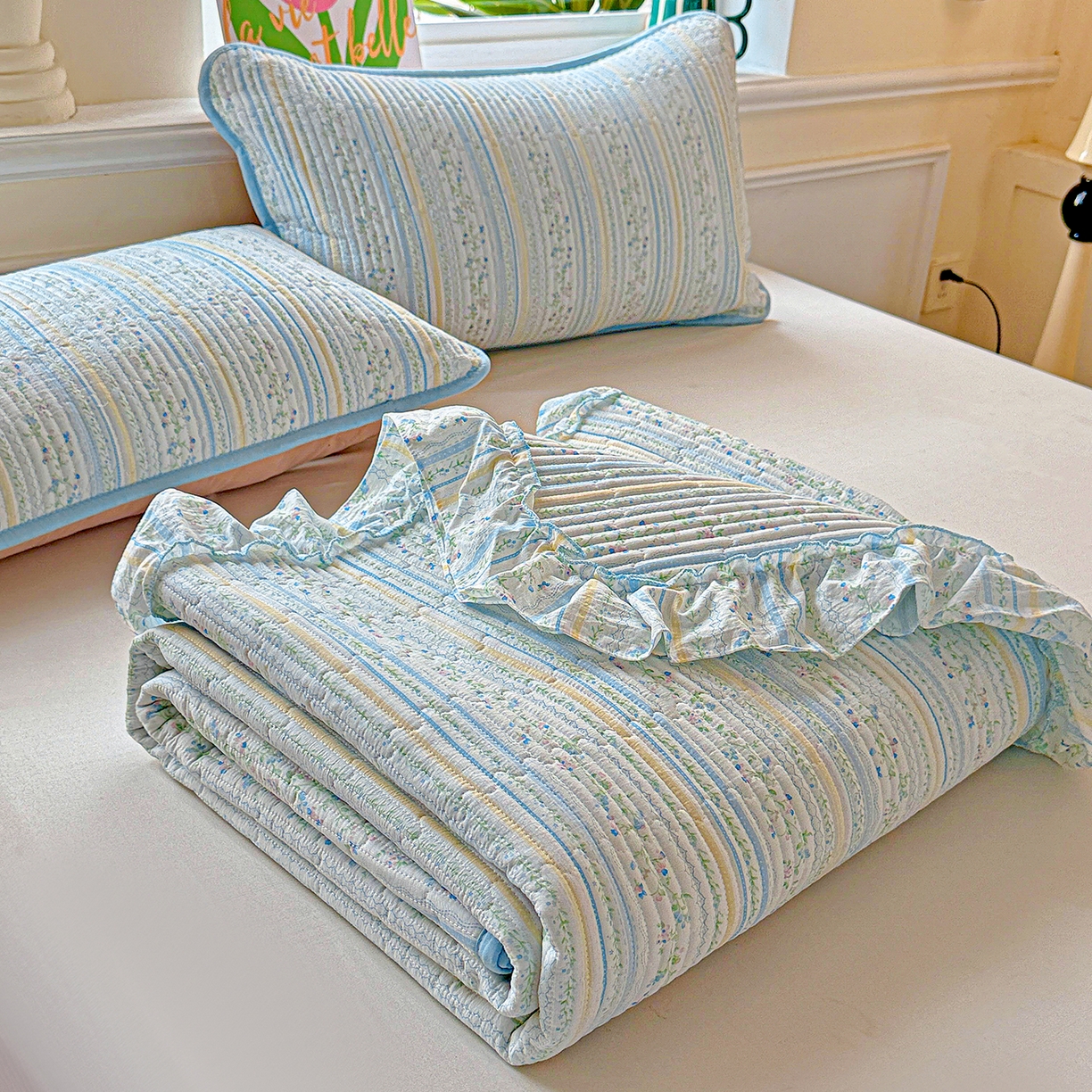 91家纺网 家纺一手货源 找家纺 恒尚居 2025新款云感皱皱纱床盖花边床单双层纱床盖三件套-四季款【系列二】 花边款-阳光庄园