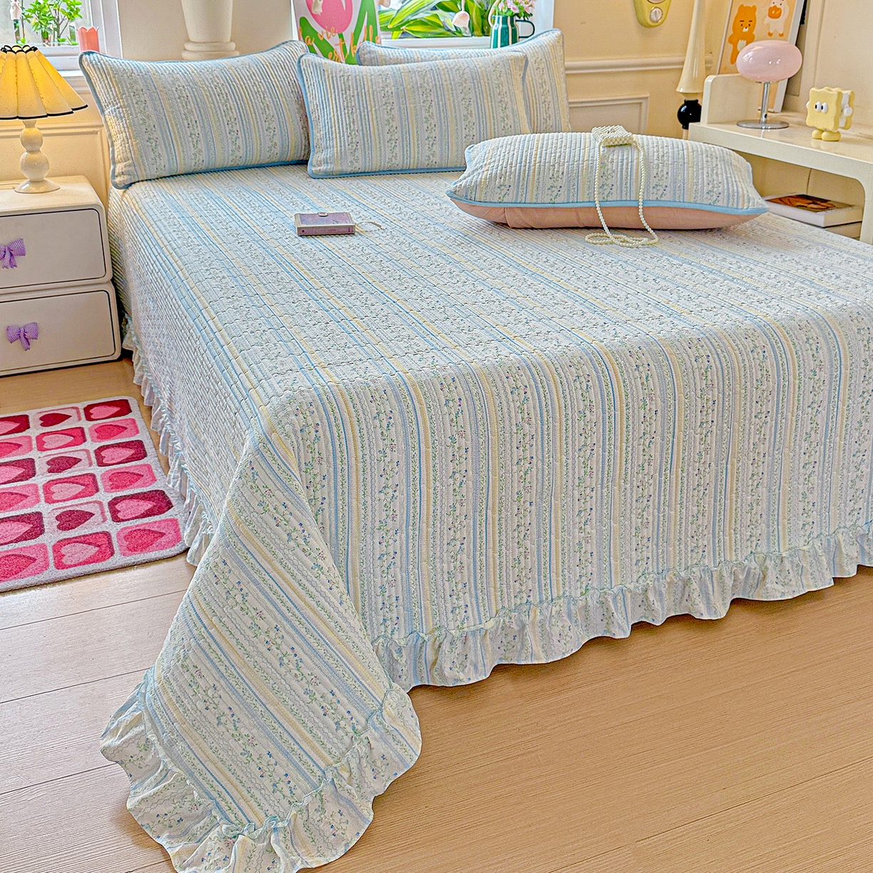 91家纺网 家纺一手货源 找家纺 恒尚居 2025新款云感皱皱纱床盖花边床单双层纱床盖三件套-四季款【系列二】 花边款-阳光庄园