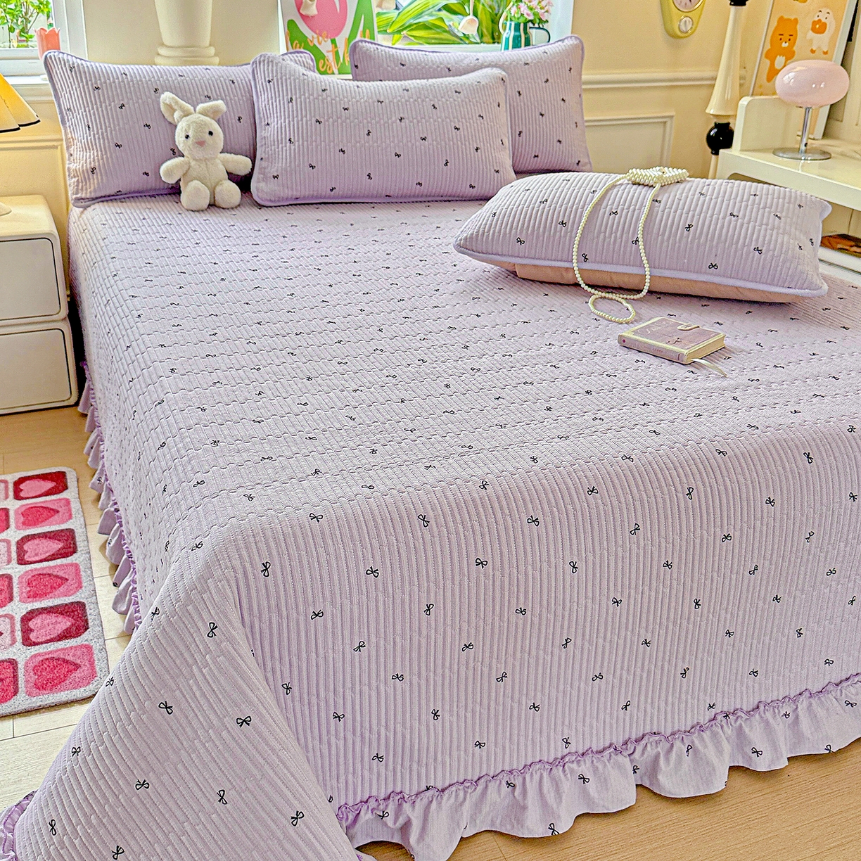 91家纺网 家纺一手货源 找家纺 恒尚居 2025新款云感皱皱纱床盖花边床单双层纱床盖三件套-四季款【系列二】 花边款-紫萱