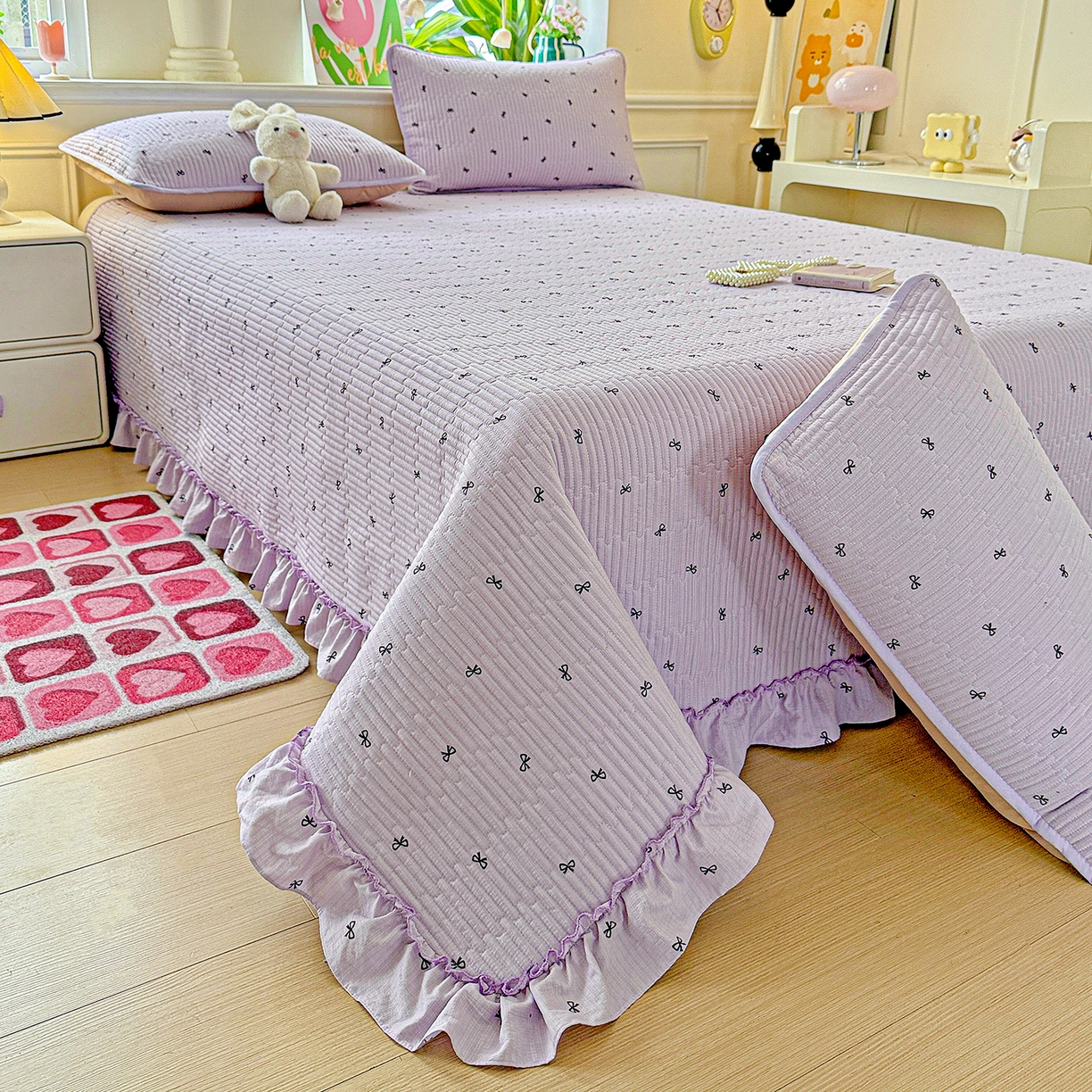 91家纺网 家纺一手货源 找家纺 恒尚居 2025新款云感皱皱纱床盖花边床单双层纱床盖三件套-四季款【系列二】 花边款-紫萱