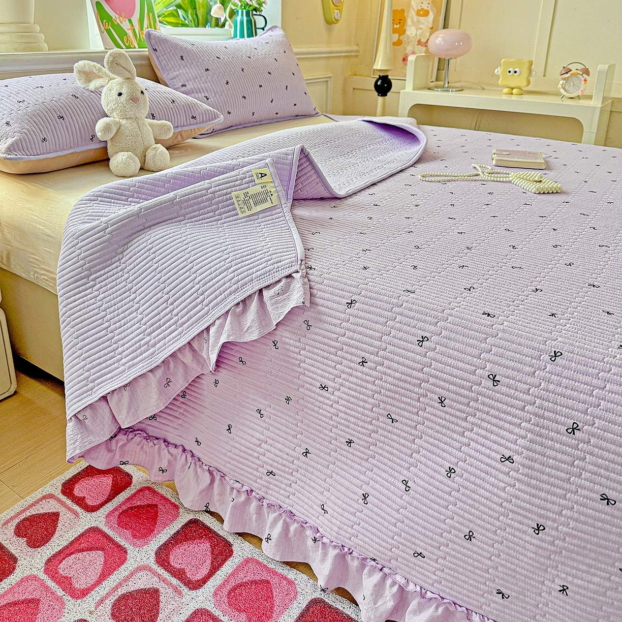 91家纺网 家纺一手货源 找家纺 恒尚居 2025新款云感皱皱纱床盖花边床单双层纱床盖三件套-四季款【系列二】 花边款-紫萱