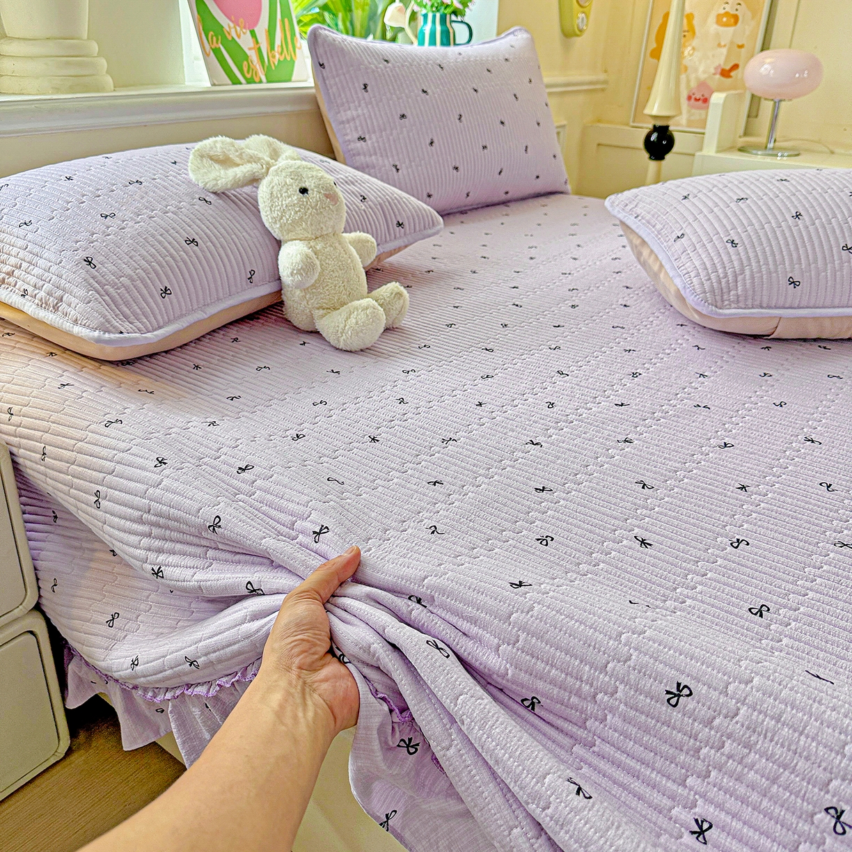 91家纺网 家纺一手货源 找家纺 恒尚居 2025新款云感皱皱纱床盖花边床单双层纱床盖三件套-四季款【系列二】 花边款-紫萱