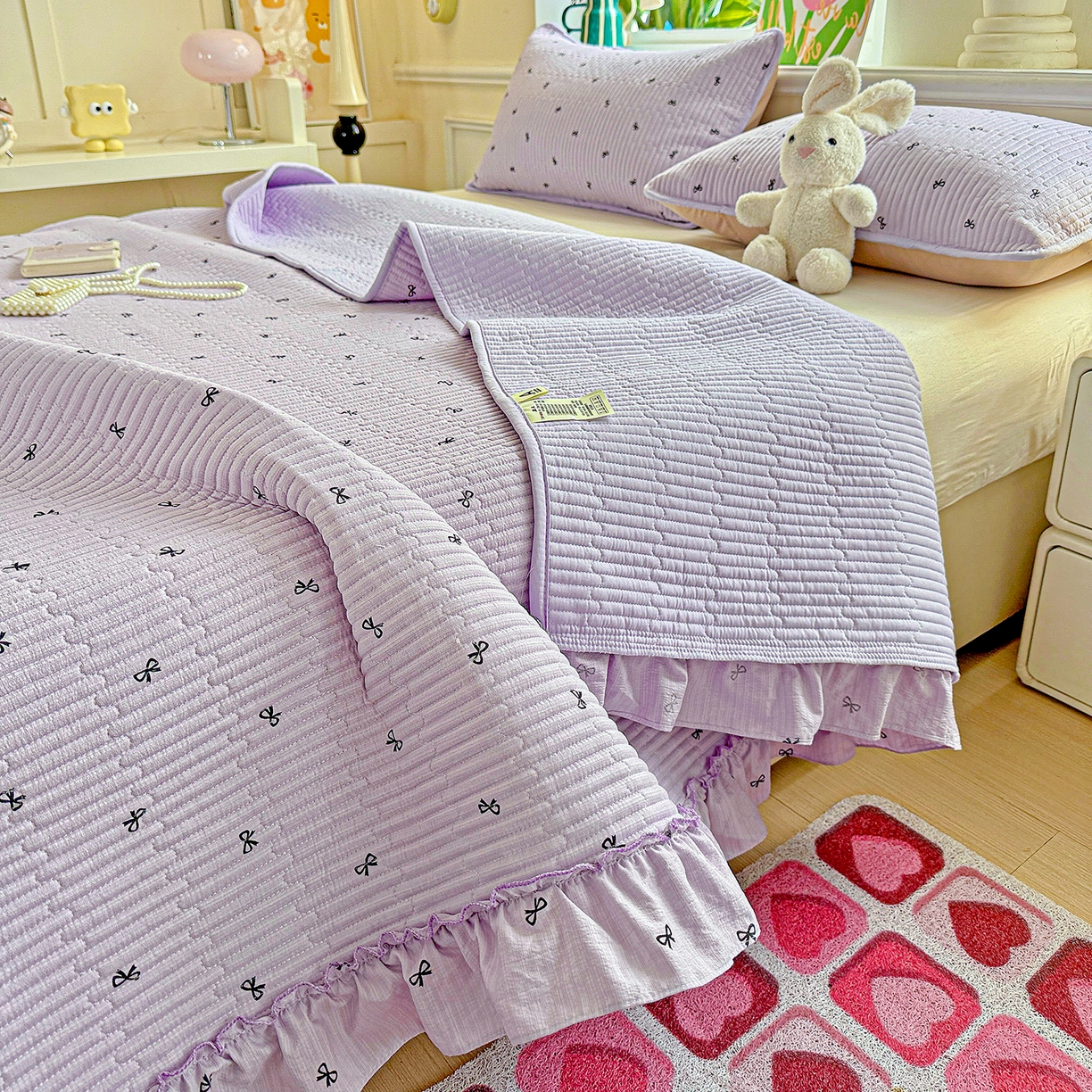 91家纺网 家纺一手货源 找家纺 恒尚居 2025新款云感皱皱纱床盖花边床单双层纱床盖三件套-四季款【系列二】 花边款-紫萱