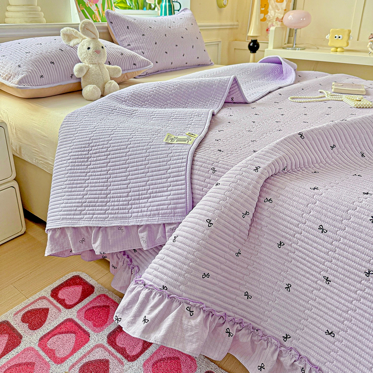 91家纺网 家纺一手货源 找家纺 恒尚居 2025新款云感皱皱纱床盖花边床单双层纱床盖三件套-四季款【系列二】 花边款-紫萱