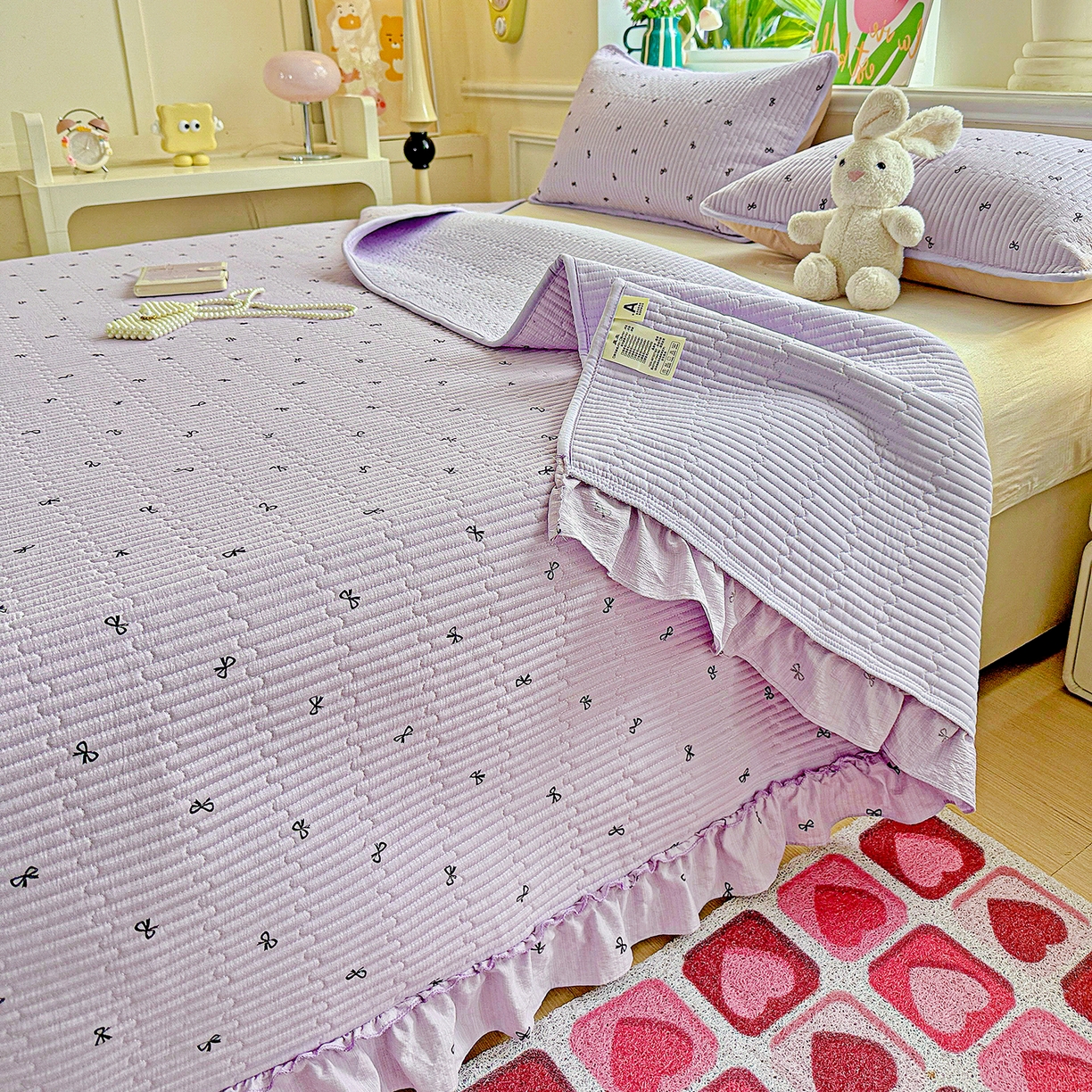 91家纺网 家纺一手货源 找家纺 恒尚居 2025新款云感皱皱纱床盖花边床单双层纱床盖三件套-四季款【系列二】 花边款-紫萱