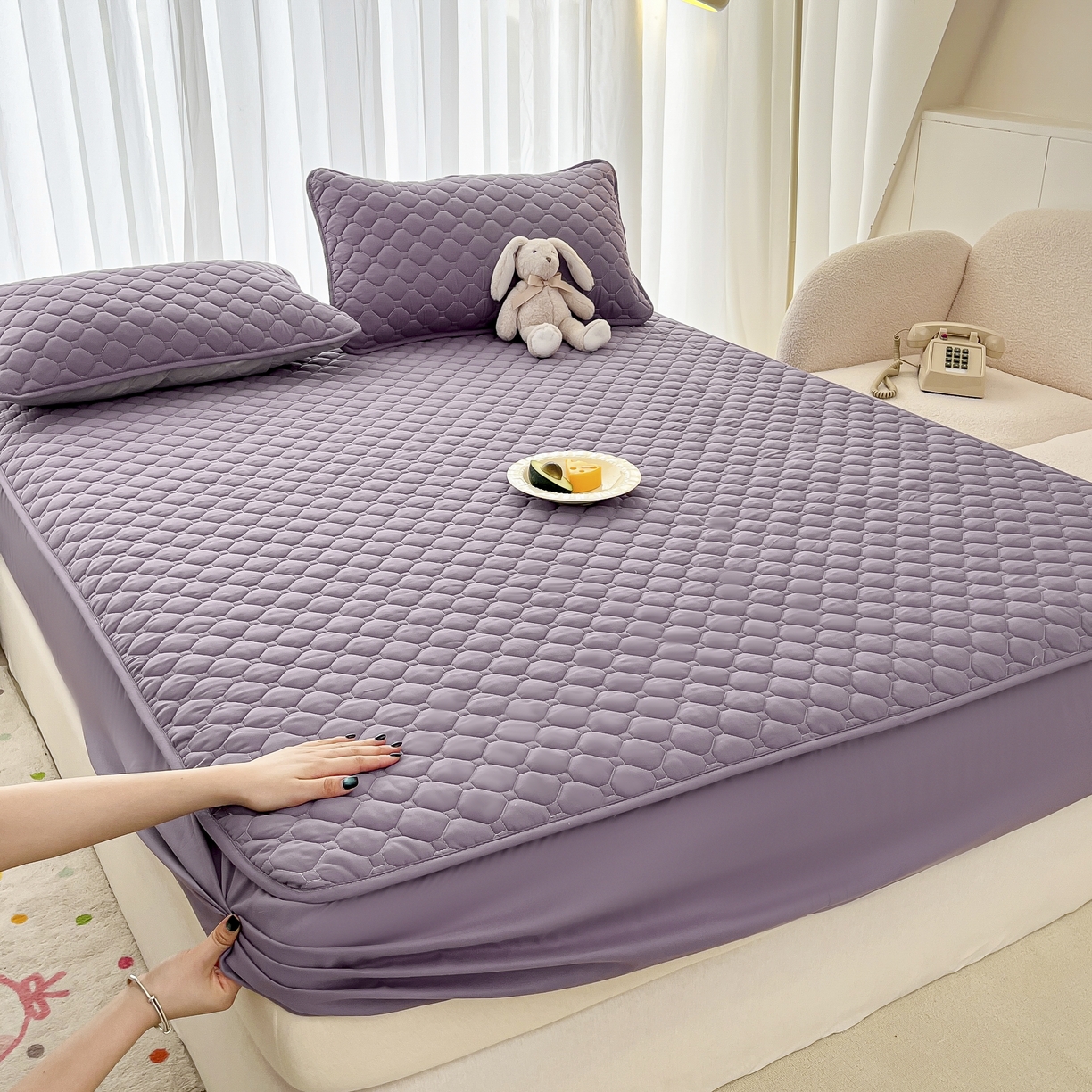 欧邦 2025新款四季款纯色水洗棉夹棉床笠床垫保护罩 磨毛方格-深紫