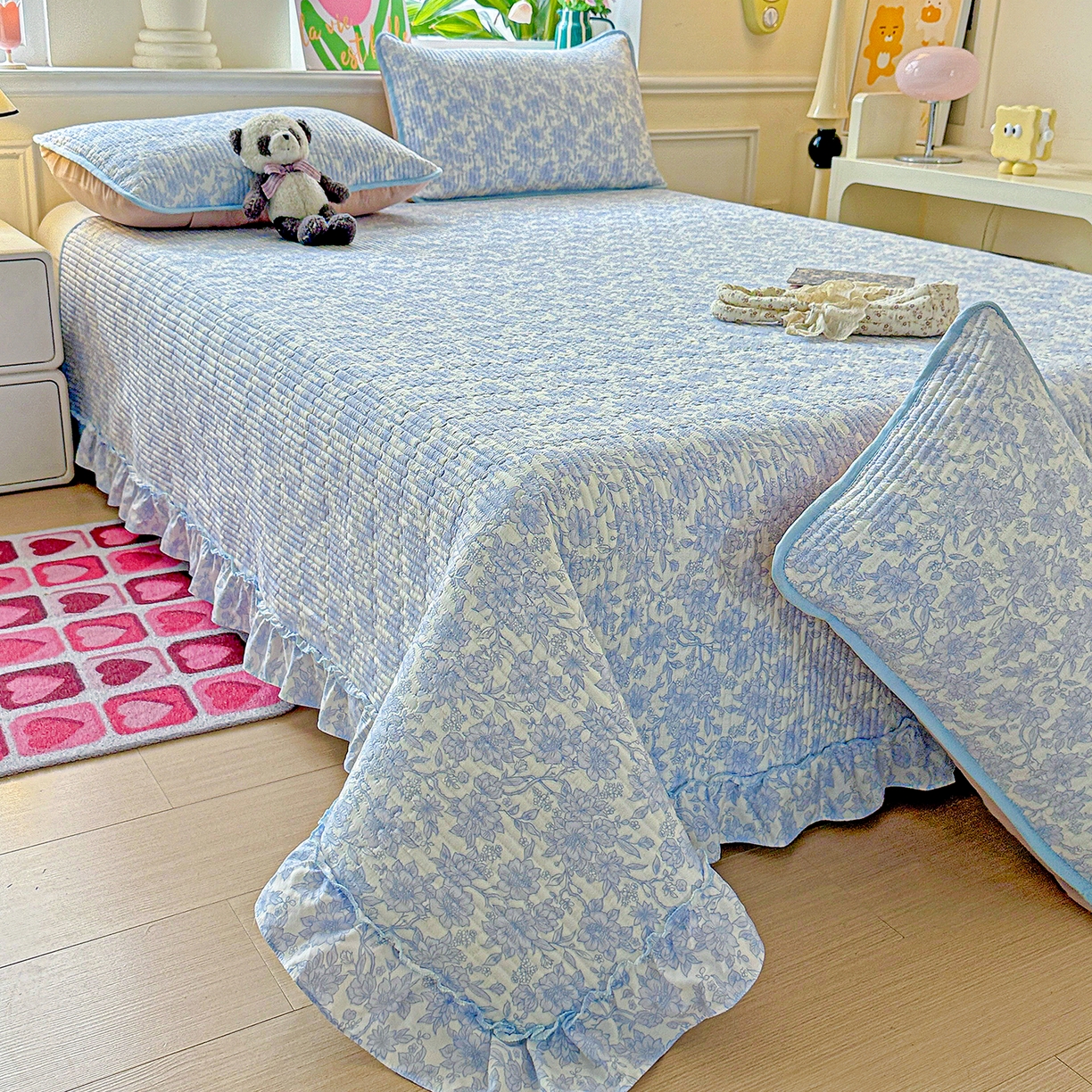 91家纺网 家纺一手货源 找家纺 （总）嘉庭居 2025新款云感皱皱纱床盖花边床单双层纱床盖三件套-四季款【系列一】