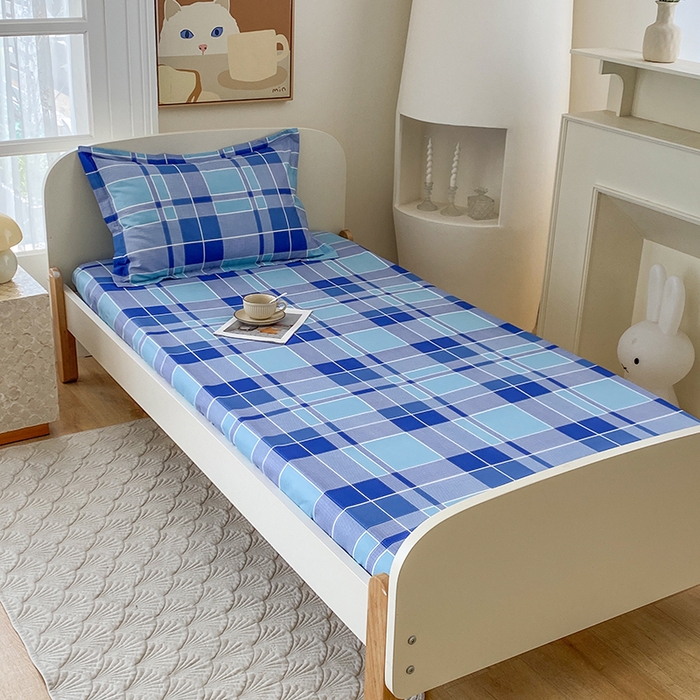 91家纺网 家纺一手货源 找家纺 凌云家纺 2025新款A类13372全棉学生床笠 蓝绿格