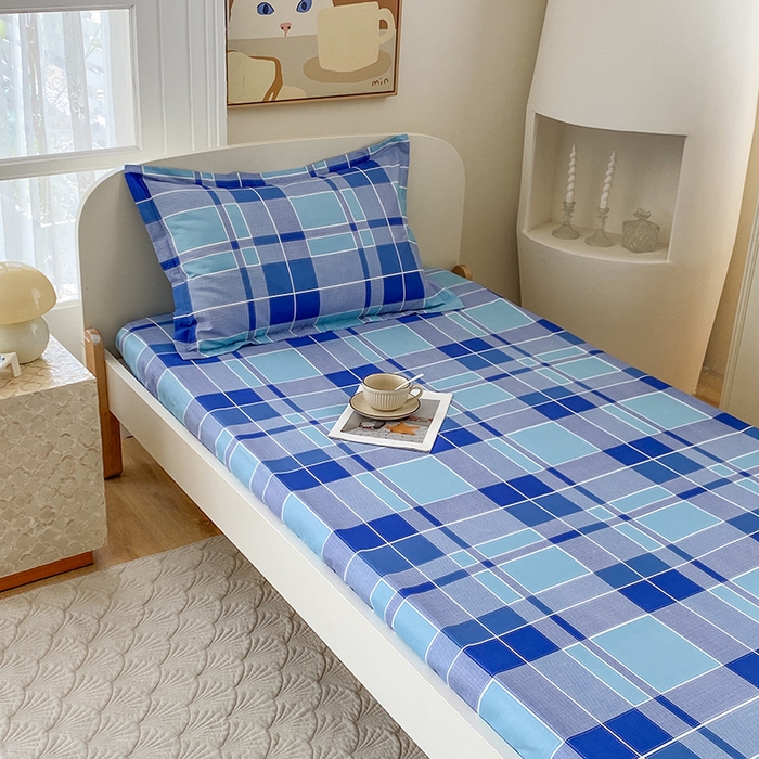 91家纺网 家纺一手货源 找家纺 凌云家纺 2025新款A类13372全棉学生床笠 蓝绿格