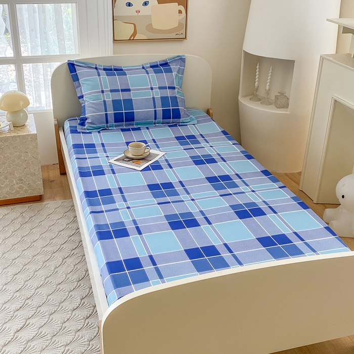 91家纺网 家纺一手货源 找家纺 凌云家纺 2025新款A类13372全棉学生床笠 蓝绿格