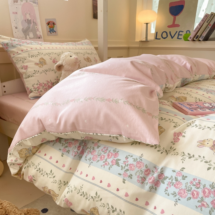 91家纺网 家纺一手货源 找家纺 吉象家纺 2025新款12868高支密全棉印花学生季三件套 碎花小兔