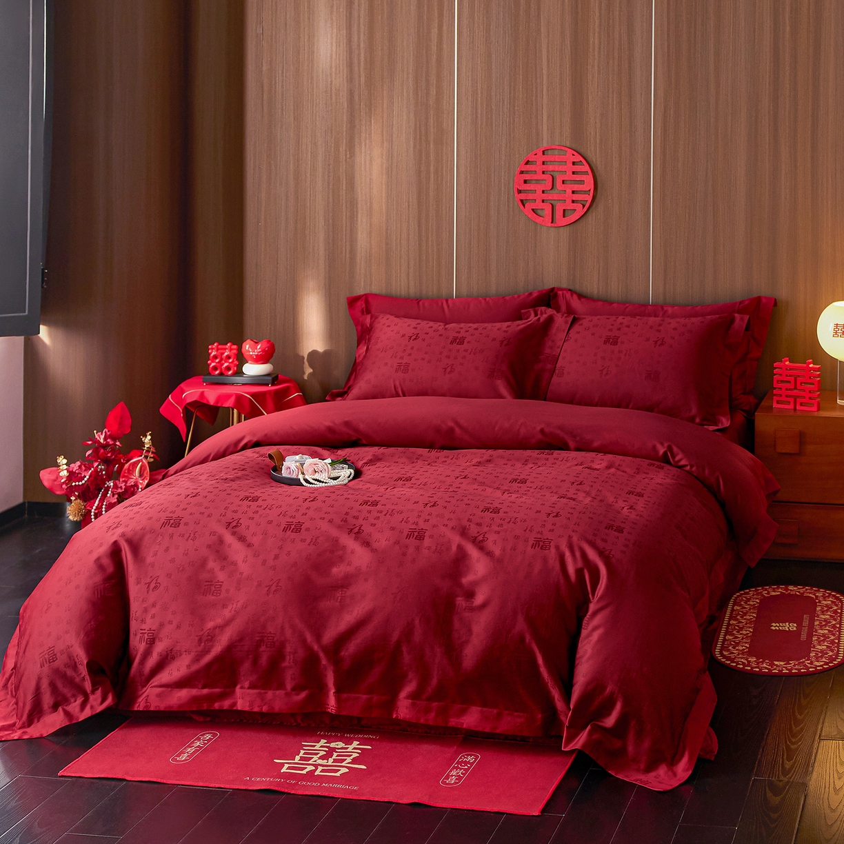 91家纺网 家纺一手货源 找家纺 轩和家居 2025新款50S长绒棉贡缎提花婚庆四件套（优惠劵之后不低于298） 喜福