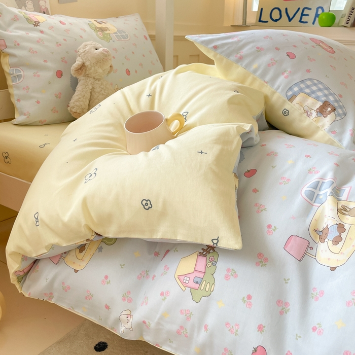 91家纺网 家纺一手货源 找家纺 吉象家纺 2025新款12868高支密全棉印花学生季三件套 爪爪会客厅