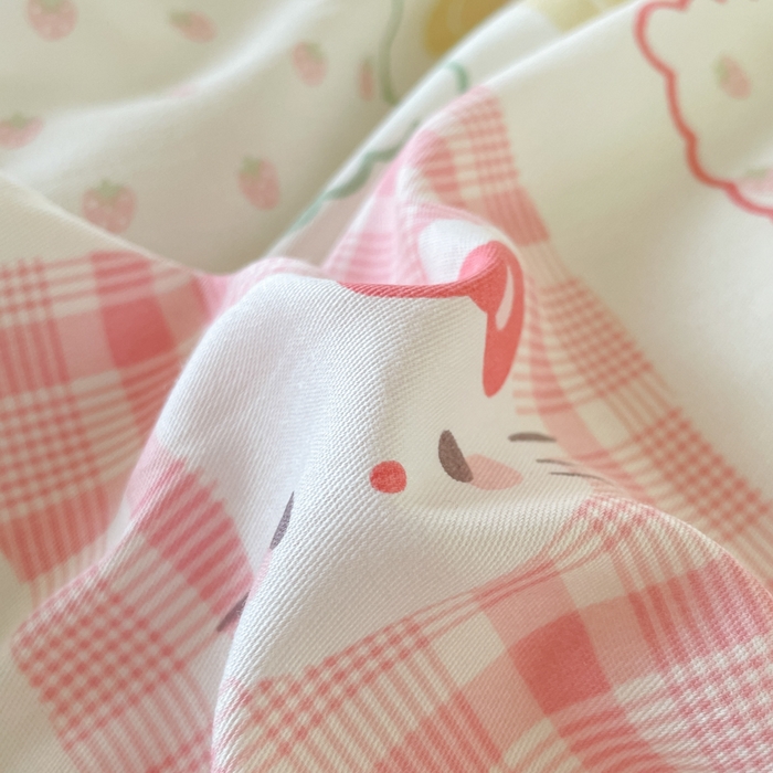 91家纺网 家纺一手货源 找家纺 吉象家纺 2025新款12868高支密全棉印花学生季三件套 粉色猫咪