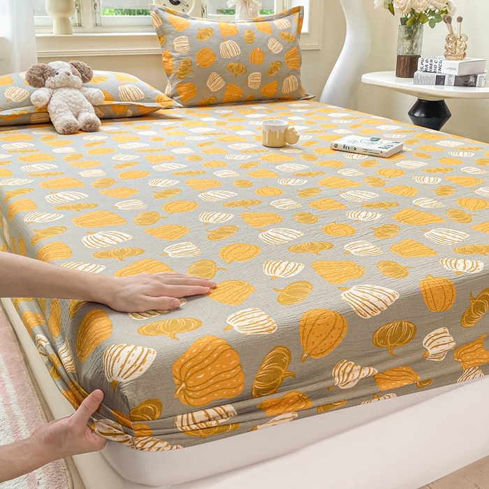 91家纺网 家纺一手货源 找家纺 米柳家纺 2025新款直播爆款7A抗菌简约木棉皱皱纱床笠（抖音控价单件49.9 三件套59.9） 福瓜