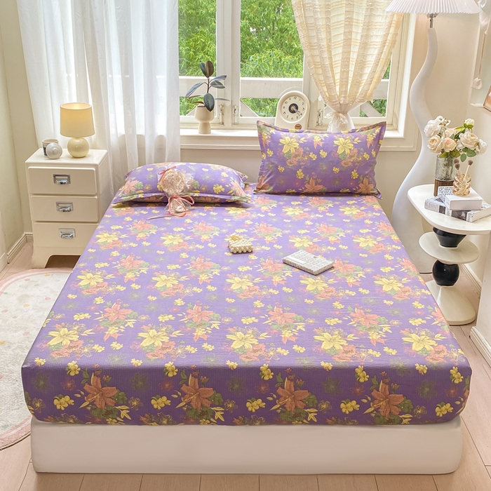 91家纺网 家纺一手货源 找家纺 米柳家纺 2025新款直播爆款7A抗菌简约木棉皱皱纱床笠（抖音控价单件49.9 三件套59.9） 百合紫