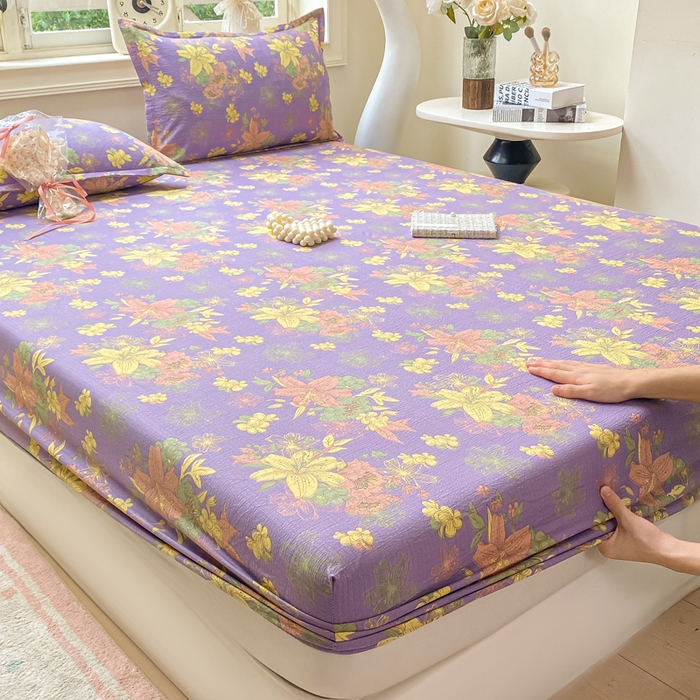 91家纺网 家纺一手货源 找家纺 米柳家纺 2025新款直播爆款7A抗菌简约木棉皱皱纱床笠（抖音控价单件49.9 三件套59.9） 百合紫