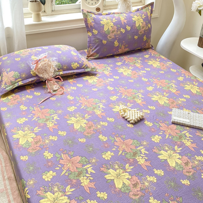 91家纺网 家纺一手货源 找家纺 米柳家纺 2025新款直播爆款7A抗菌简约木棉皱皱纱床笠（抖音控价单件49.9 三件套59.9） 百合紫