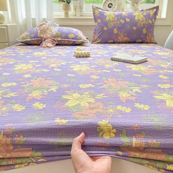 91家纺网 家纺一手货源 找家纺 米柳家纺 2025新款直播爆款7A抗菌简约木棉皱皱纱床笠（抖音控价单件49.9 三件套59.9） 百合紫