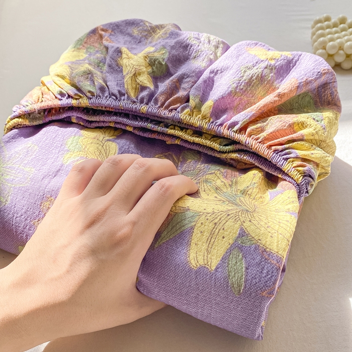 91家纺网 家纺一手货源 找家纺 米柳家纺 2025新款直播爆款7A抗菌简约木棉皱皱纱床笠（抖音控价单件49.9 三件套59.9） 百合紫