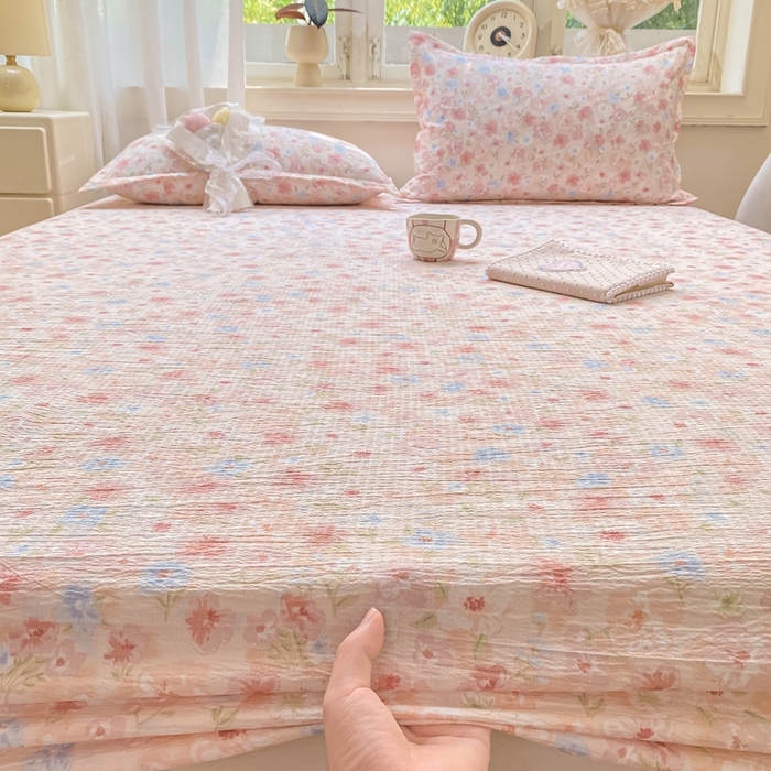 91家纺网 家纺一手货源 找家纺 米柳家纺 2025新款直播爆款7A抗菌简约木棉皱皱纱床笠（抖音控价单件49.9 三件套59.9） 粉黛