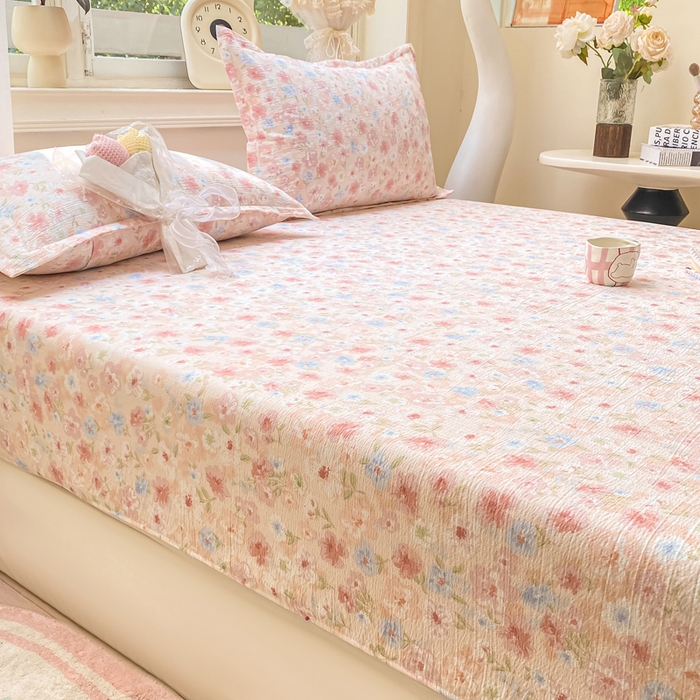 91家纺网 家纺一手货源 找家纺 米柳家纺 2025新款直播爆款7A抗菌简约木棉皱皱纱床笠（抖音控价单件49.9 三件套59.9） 粉黛