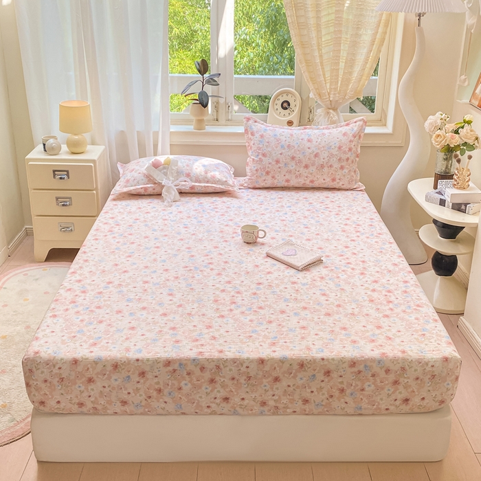 91家纺网 家纺一手货源 找家纺 米柳家纺 2025新款直播爆款7A抗菌简约木棉皱皱纱床笠（抖音控价单件49.9 三件套59.9） 粉黛