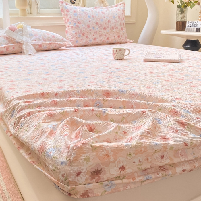 91家纺网 家纺一手货源 找家纺 米柳家纺 2025新款直播爆款7A抗菌简约木棉皱皱纱床笠（抖音控价单件49.9 三件套59.9） 粉黛