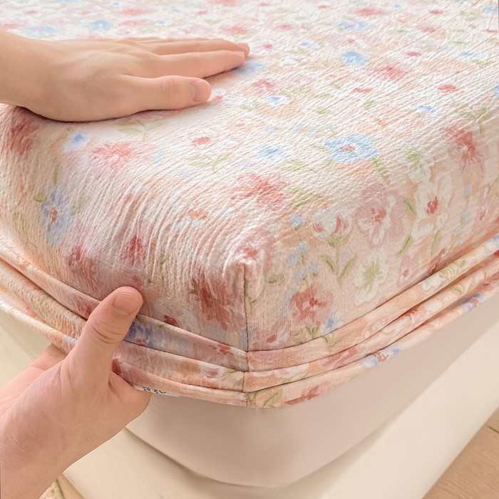 91家纺网 家纺一手货源 找家纺 米柳家纺 2025新款直播爆款7A抗菌简约木棉皱皱纱床笠（抖音控价单件49.9 三件套59.9） 粉黛