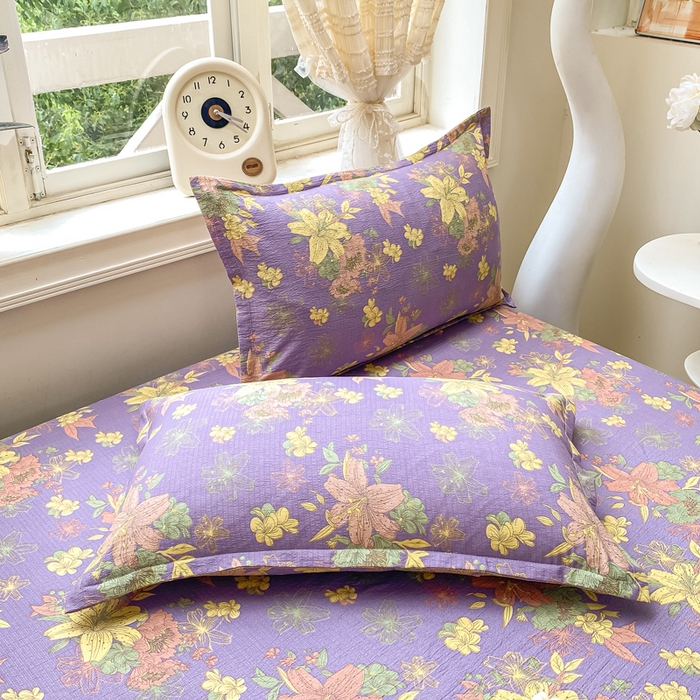 91家纺网 家纺一手货源 找家纺 米柳家纺 2025新款直播爆款7A抗菌简约木棉皱皱纱床笠（抖音控价单件49.9 三件套59.9） 百合紫