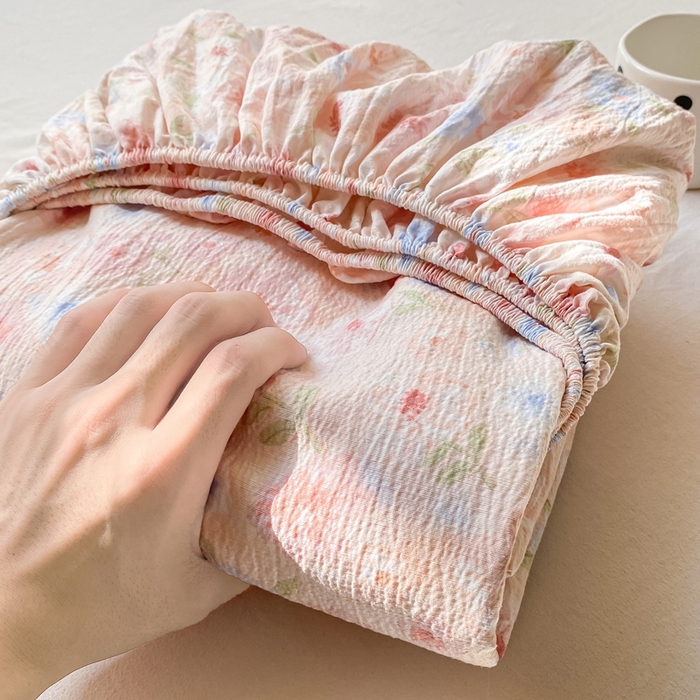 91家纺网 家纺一手货源 找家纺 米柳家纺 2025新款直播爆款7A抗菌简约木棉皱皱纱床笠（抖音控价单件49.9 三件套59.9） 粉黛