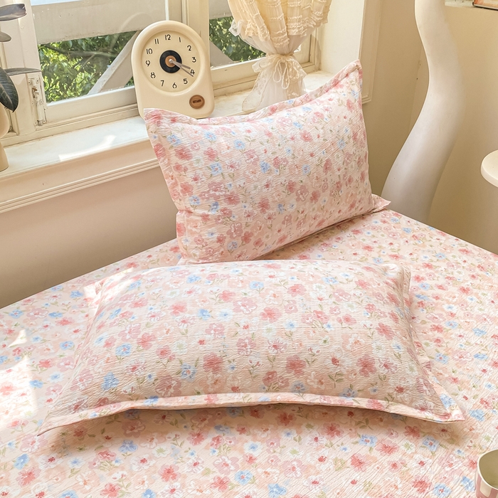 91家纺网 家纺一手货源 找家纺 米柳家纺 2025新款直播爆款7A抗菌简约木棉皱皱纱床笠（抖音控价单件49.9 三件套59.9） 粉黛