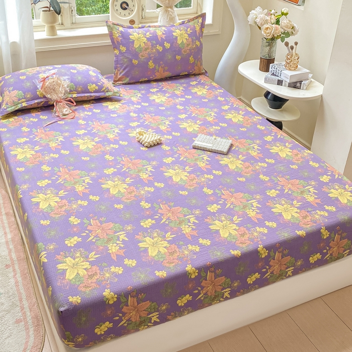 91家纺网 家纺一手货源 找家纺 米柳家纺 2025新款直播爆款7A抗菌简约木棉皱皱纱床笠（抖音控价单件49.9 三件套59.9） 百合紫