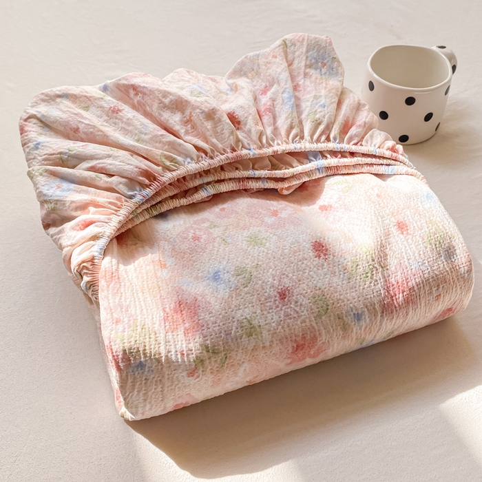 91家纺网 家纺一手货源 找家纺 米柳家纺 2025新款直播爆款7A抗菌简约木棉皱皱纱床笠（抖音控价单件49.9 三件套59.9） 粉黛