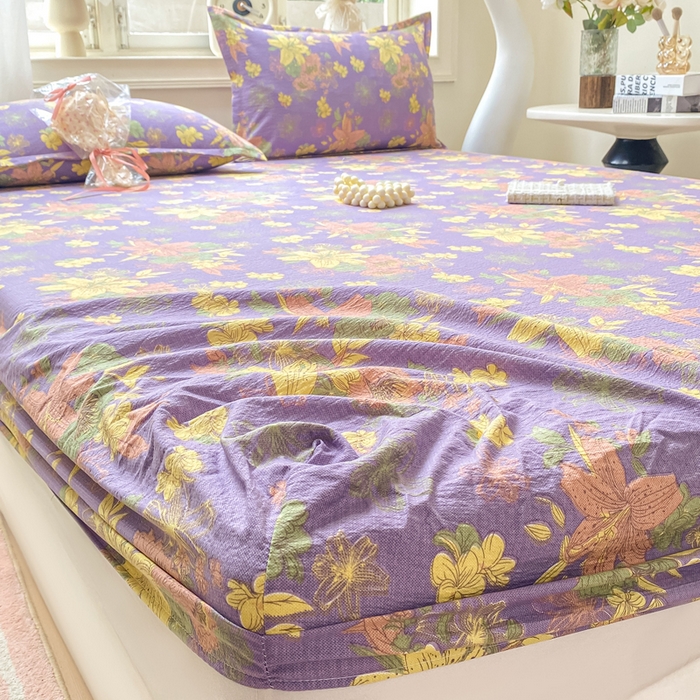 91家纺网 家纺一手货源 找家纺 米柳家纺 2025新款直播爆款7A抗菌简约木棉皱皱纱床笠（抖音控价单件49.9 三件套59.9） 百合紫