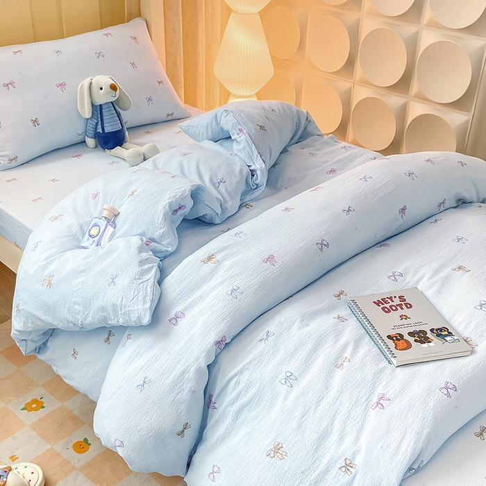 91家纺网 家纺一手货源 找家纺 眠势力 2025新款ins云感双层纱学生宿舍上下铺奶油风云感四季款单床笠床笠单件 蓝调蝴蝶结